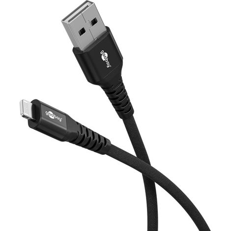 Cavo tessile Lightning a USB-A supermorbido con connettori in metallo, 1 m, nero, certificato MFi, cavo di ricarica e sincronizzazione elegante ed extra-robusto per Apple iPhone/iPad (nero). Lunghezza (1/5)