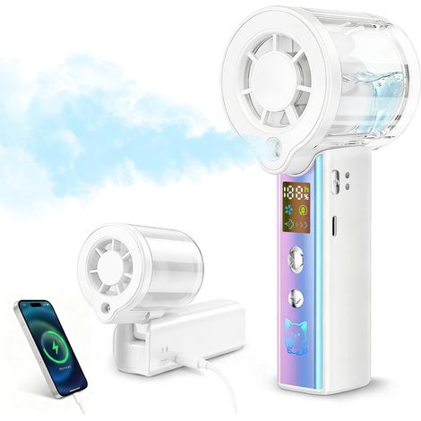 Ventilador portátil con nebulizador, 3000 mAh, pantalla LED, 100 velocidades, pulverizador refrescante, luz LED, batería externa blanca. (1/4)