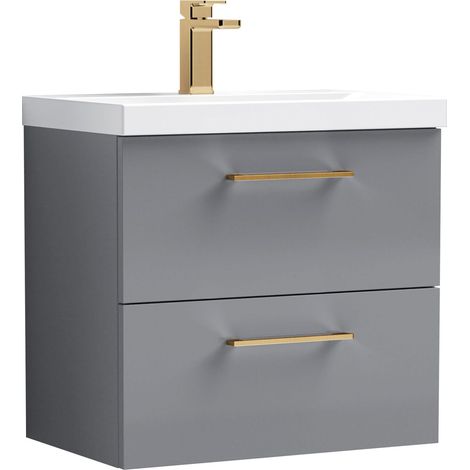 Balterley 600mm Wall Hung Bathroom 2 Drawer Vanity Unit and 1 Tap Hole Ceramic Basin, Satin Grey with Brushed Pewter Handles