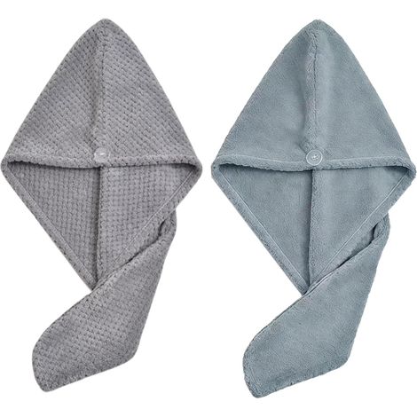 2pcs Microfiber Hair Towels, Super Absorbent Hair Turban with Button, Quick Drying Towel, Grey, Protection Against Breakage and Frizz (1/5)