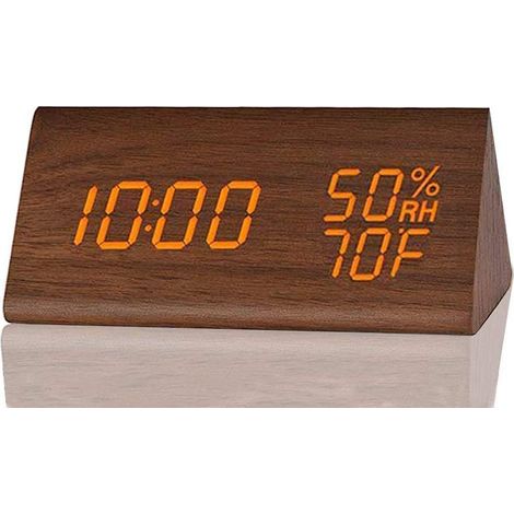 Réveil numérique avec affichage électronique de l'heure par LED en bois, 3 réglages d'alarme, détection de l'humidité et de la température, horloge électrique en bois pour chambres et tables de chevet (1/5)