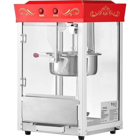 Machine à pop-corn professionnelle 800W, cuve inox 0,2 kg, 48 tasses, panneau 2 boutons, rouge, style cinéma, accessoires inclus. (1/5)