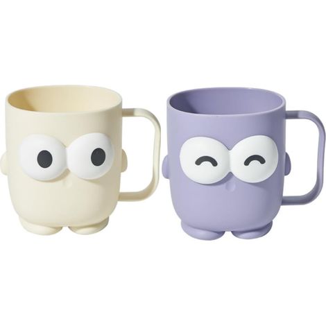 Lot de 2 gobelets à brosse à dents pour enfants - Motif dessin animé - Grands yeux - Sans perçage - En plastique avec poignée - Pour la maison, les voyages et le camping - Violet et blanc (1/5)