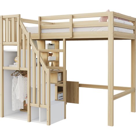 Cama alta 90 x 200 cm, cama individual con escalera con almacenaje, escritorio, estantes y perchero, sin colchón (1/5)