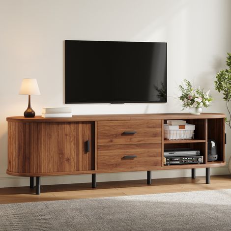 Mueble TV 160 x 40 x 55 cm en PB y MDF, puertas correderas, 2 cajones, nogal OKMYHOME (1/5)