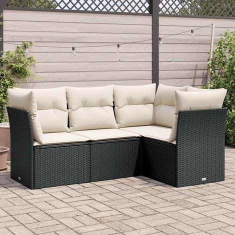 Salon de jardin modulable 4 places en résine tressée noir avec coussins crème amovibles et lavables. (1/4)