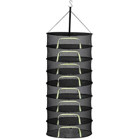 Mehrstufiger, faltbarer Hänge-Kräutertrockner aus Netzgewebe mit Korb und Trockengestell für Blüten, Knospen und Pflanzen. Modell B, 8 Ebenen.