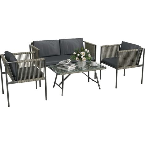 Salon de jardin 4 pièces en résine tressée, 2 fauteuils, canapé 2 places, table basse à plateau en verre trempé, coussins, gris, pour balcon et terrasse - CHICFURN (1/5)