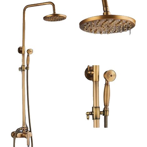 Ensemble de robinet de douche, laiton antique, douche pluie de 8'', douche à main en laiton plein, barre ajustable de 80-120 cm pour un confort de type spa et contrôle de la température, Poignée en la (1/2)
