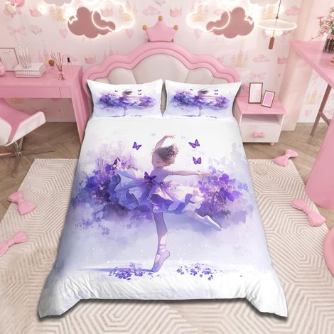 Parure de lit 135 x 200 cm, avec housse de couette de 135 x 200 cm, motif de danseuse de ballet, respirante, pour garçons et filles, violet (1/5)