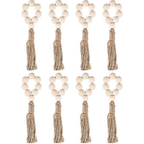 Set aus 8 handgefertigten Serviettenringen aus Holz mit Quasten und Perlen zur Tischdekoration bei Hochzeiten – 16 x 1 cm (1/4)