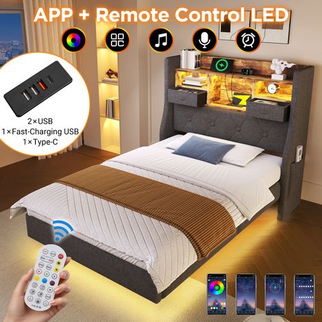 Cama tapizada de lino gris 90x200 cm con LED, cabecero con almacenaje, USB y Type-C, somier y colchón incluidos (1/5)