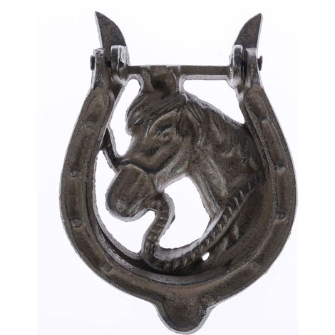 HOMESCAPES Heurtoir de porte marron en fonte style équestre – modèle cheval et fer à cheval (1/5)