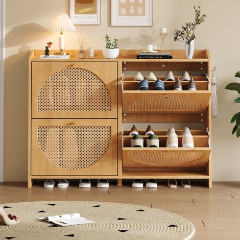 Meuble à chaussures moderne de 120 x 24 x 90 cm, avec 8 compartiments et 2 crochets, idéal pour les entrées, les halls, les salons et les bureaux. Fabriqué en MDF avec portes en osier tressé, couleur (1/4)