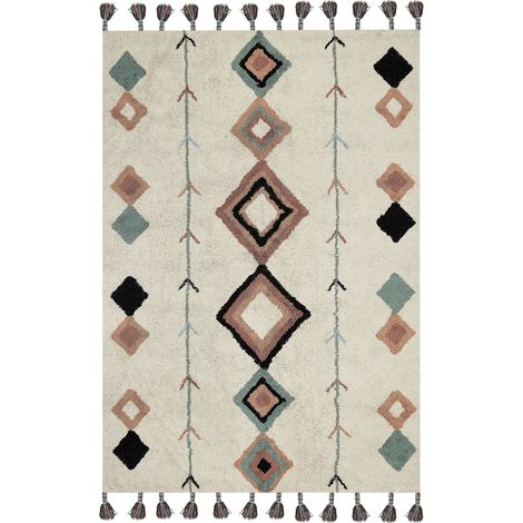 Tapis en Coton 140 x 200 cm à Motif Géométrique et Pompons Multicolore Eskisehir