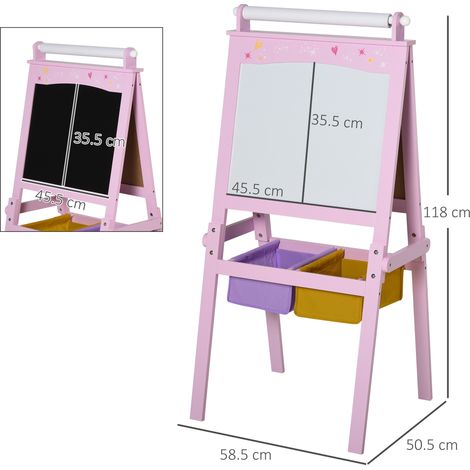 Tableau en bois rose pour enfants (3 en 1 avec chevalet) : Peut être utilisé comme tableau blanc, tableau noir et rouleau de papier. (1/5)