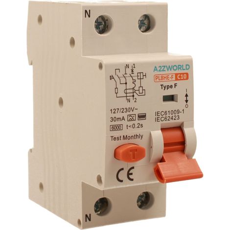 RCBO Interruttore Magnetotermico Differenziale Tipo F Curva C 1P+N 2M 6000A 30mA C10A AC 230V IP20 IEC61009-1 (1/3)