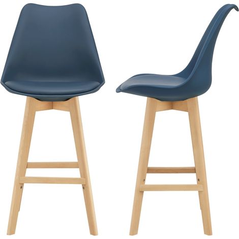 Lot de 2 tabourets de bar siège avec dossier et repose-pied rembourré synthétique hêtre 105 cm bleu (1/5)