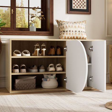 Mobile Porta Scarpe Moderno con 2 Ante e 1 Gancio Laterale, Apertura a Pressione, per Ingresso, 104 × 37 × 50 cm, in Truciolare, Bianco e Effetto Legno Naturale (1/5)