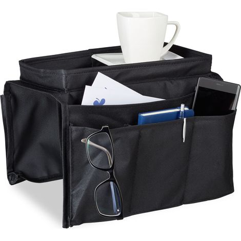 Relaxdays Tasca Portaoggetti da Divano, Bracciolo, 6 Scomparti, Organizer, Telecomando, HLP: 22x18x32 cm, Stoffa, Nero, Poliestere, 22 x 18 x 31 cm (1/5)