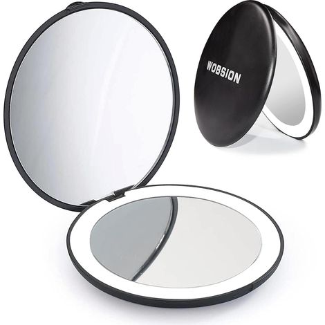 Miroir de Beauté Pliable LED 9cm, Grossissement 1x/10x, Compact pour Sac à Main et Poche, Éclairage Intégré, Teinte Noire, Accessoire de Voyage (1/3)