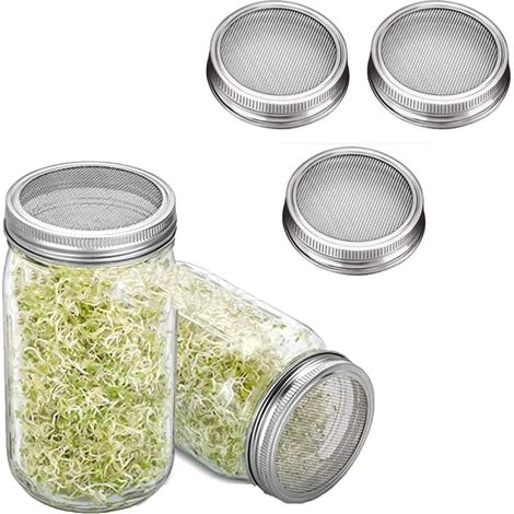 Set aus drei Edelstahldeckeln für Keimgläser zum Anziehen von Keimlingen, Salaten und anderen Samen.
