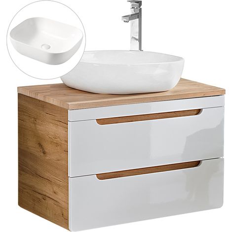 Waschtischunterschrank 80 cm mit 51 cm Keramik-Waschbecken LUTON-56 in Hochglanz weiß mit Wotan Eiche Nb., B/H/T ca. 81/76,5/46 cm (1/5)