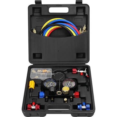 Ensemble de jauges de collecteur, outil de charge de réfrigérant pour climatisation, pression à double valeur à 4 voies avec tuyau de 1,5 m, adaptateurs à coupleur rapide en laiton pour R22/R134a/R410 (1/5)
