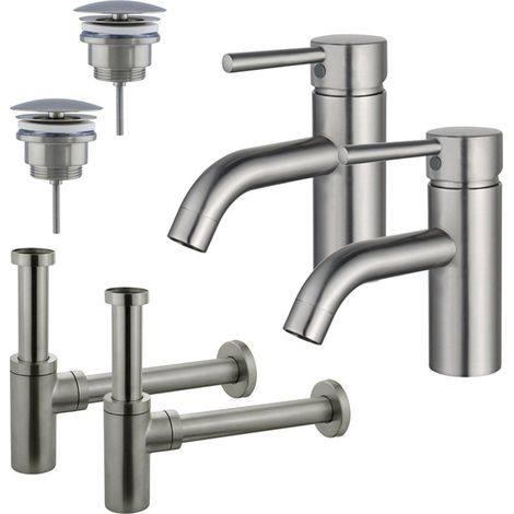 FugaFlow Eccelente Sobrado Kit robinet lavabo - pour double vasque - robinet bas - bonde non-obturable - siphon design - Inox brossé PVD (1/4)