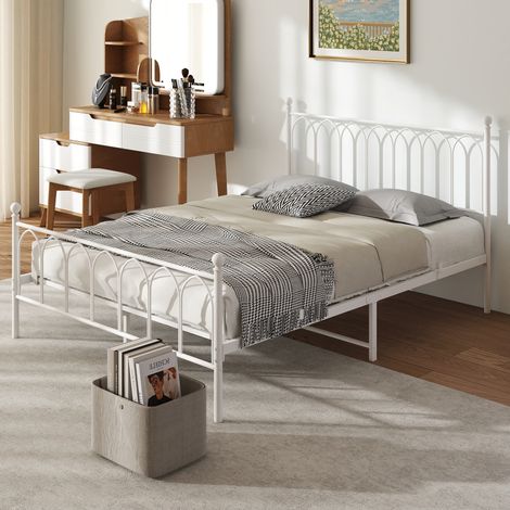Bett Einzelbett 140x200 cm Metall Rustik Weiß, Robuste Struktur mit 5 Füßen, Hohes Kopfteil, Stauraum 27 cm unter dem Bett (1/5)