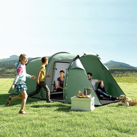 Tente tunnel camping 2-3 personnes, étanche, légère, 3 portes, fenêtres, 4,26×2,06×1,54m, vert, polyester PE fibre verre