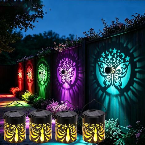 Lot de 4 lampes solaires murales – Projecteur décoratif, IP65 étanche – 7 couleurs changeantes, métal, motif papillon – Idéal pour patio, jardin et clôture (1/5)