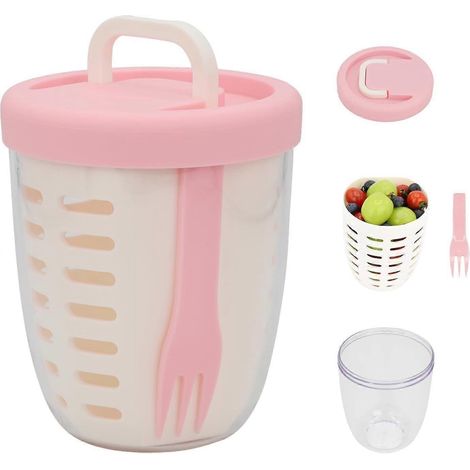 Saladier de fruits frais avec récipient de conservation, poignée pliable, couvercle, fourchette et panier d'égouttage inclus. Récipients alimentaires réutilisables et étanches avec passoire amovible. (1/5)