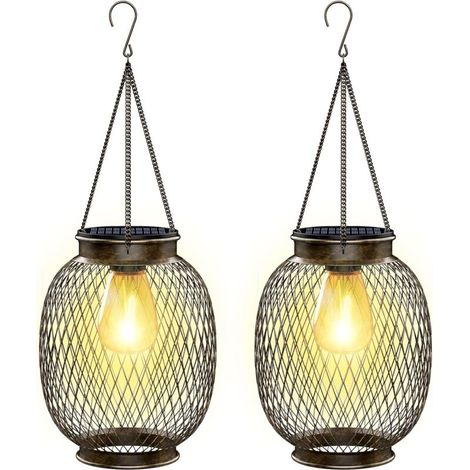Lampe Solaire Exterieur Jardin Suspendue, IP65 Étanche Lanterne Solaire Exterieur 2 Pièces Métal Lumiere Solaire Exterieur avec Ampoule LED Lampe Solaire Balcon pour Porche Cour Jardin Terrasse [Class