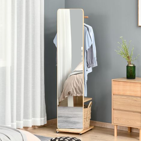 Miroir sur Pied avec roulettes - Portant, 4 patères étagère MDF Aspect Bois Clair (1/5)