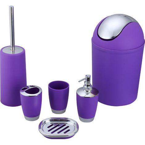Juego de accesorios de baño de 6 piezas: dispensador de jabón, escobilla, vaso, cepillo de dientes, taza, plato liso, morado (1/5)