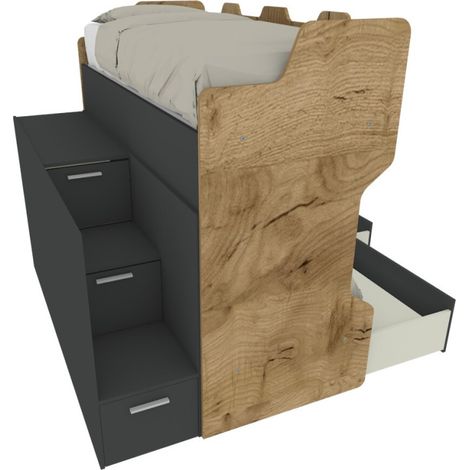 Letto a castello con scala contenitore e terzo letto estraibile - Cameretta salvaspazio - Quercia e basalto (1/5)