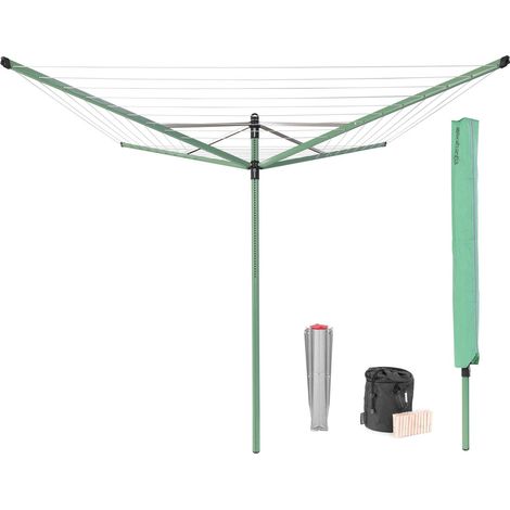 Séchoir Lift-O-Matic - Etendoir Linge Extérieur - Antidérapantes - Résistantes aux UV, 50 m - Rotation Fluide - Pratique - Douille en Métal à Planter dans Le Sol - Vert Feuille - ø 295 cm (1/5)