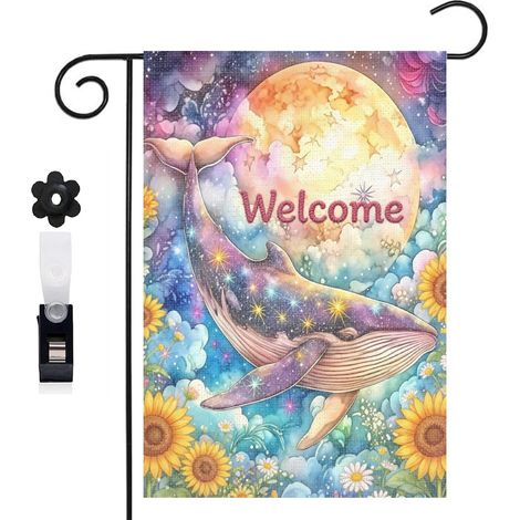 Drapeau de jardin décoratif 30 x 45 cm motif baleine magique et vagues toile double face résistante (1/5)