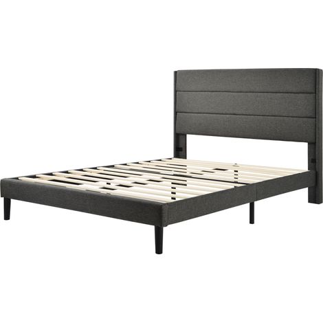 Cama tapizada 140 x 200 cm con somier de láminas y cabecero, tela efecto lino gris oscuro (1/5)