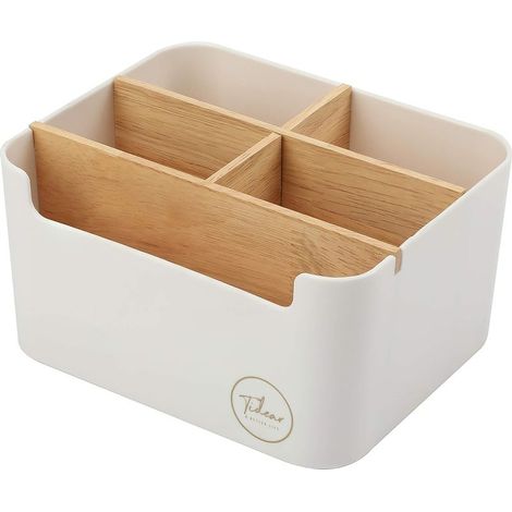Organizzatore da scrivania, portapenne e portamatite - Contenitore da scrivania a 5 scomparti - Scatola portaoggetti multifunzionale - Bianco (1/5)