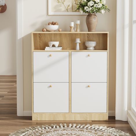 Scarpiera in truciolare bianco e naturale, 4 ante a ribalta, divisori regolabili, 90x24x104,5 cm