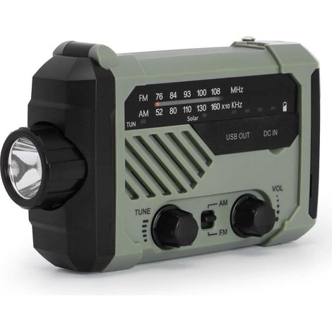 Radio d'urgence AM/FM portable à manivelle, alimentée à l'énergie solaire, avec dynamo et lampe de lecture. (1/5)