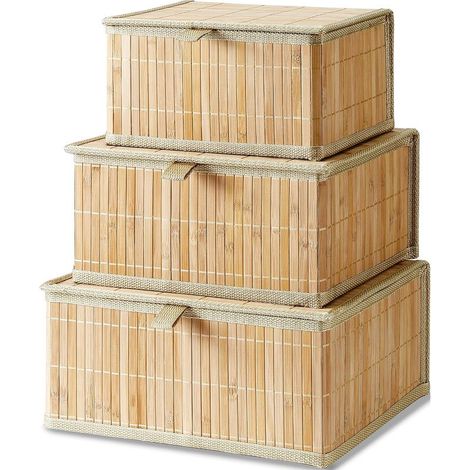 Lot de 3 paniers de rangement avec couvercle en bambou décoratif pour l'organisation - Panier en osier avec couvercle en tissu tissé pour bureau, cuisine, chambre à coucher - Taille L/M/S (1/5)