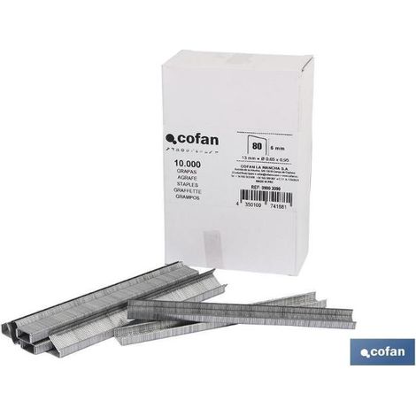 COFAN caja de grapas 80 / 8 mm (10.000 pcs) , Grapas Modelo 80 para grapadoras con longitudes desde 6 hasta 16 mm. Grapas para grapadora de aire a presión con medidas de 0,65 x 0,9 (1/4)