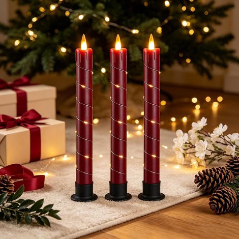 3 bougies bâton rouges avec guirlande, télécommande + 3 socles, résistantes chaleur. (1/4)