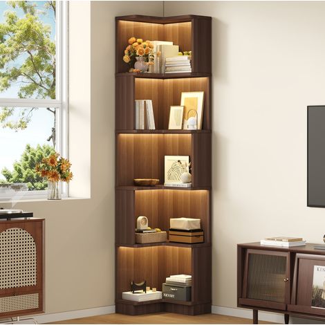 L-förmiges Eckregal 63,5 x 45 x 175 cm, 5 Ebenen, mehrfarbige LED, braun HAVRYA (1/5)