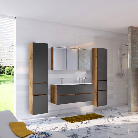 Badezimmer Set inkl. Doppelwaschbecken LOUROSA-03 in Wotaneiche Nb. mit matt grau, B/H/T: ca. 240/200/47 cm (1/5)
