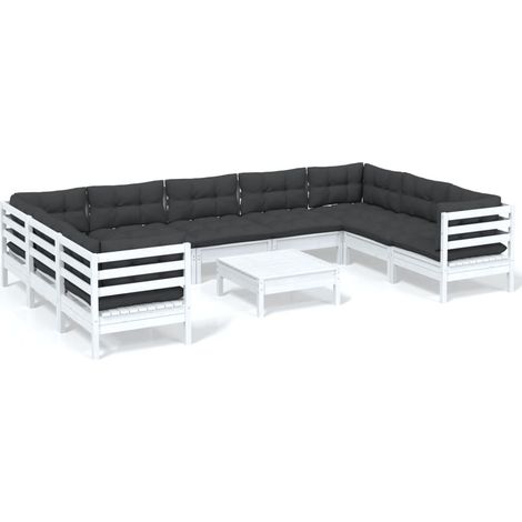 Salon de jardin 10 pcs avec coussins Blanc Bois de pin (1/5)