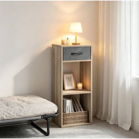 Bibliothèque colonne 32x30 cm gris et chêne clair en bois d’ingénierie avec tiroir et 2 niches ouvertes (1/5)